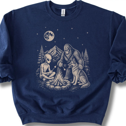 German Shepherd, Bigfoot & Alien design on a navy sweatshirt.