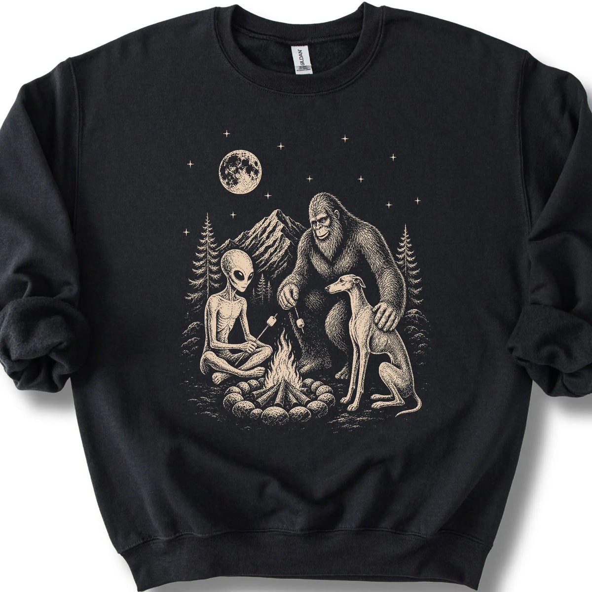 Greyhound, Bigfoot & Alien design on a black sweatshirt.
