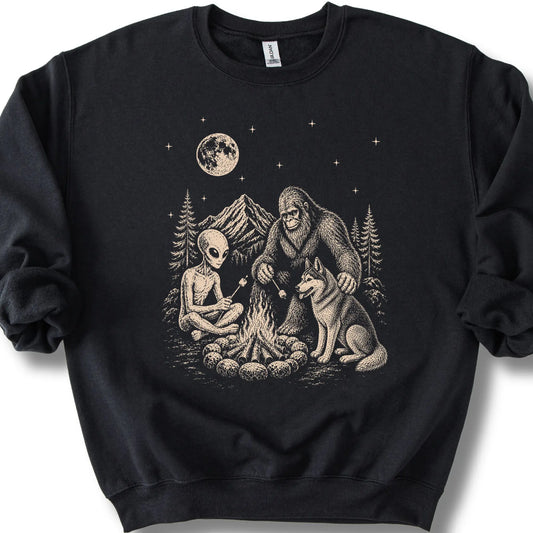 Husky, Bigfoot & Alien design on a black sweatshirt.
