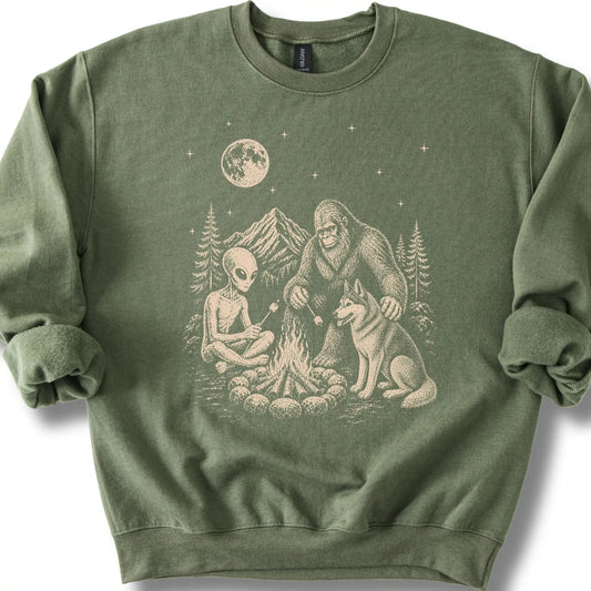 Husky, Bigfoot & Alien design on a military green sweatshirt.