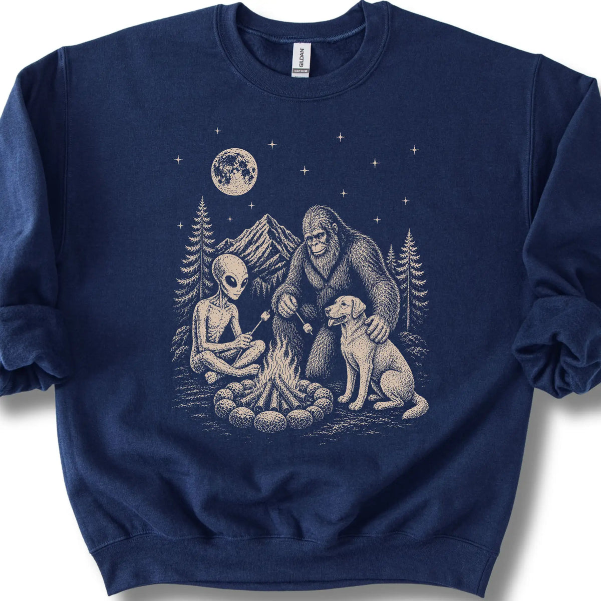Labrador Retriever, Bigfoot & Alien design on a navy sweatshirt.