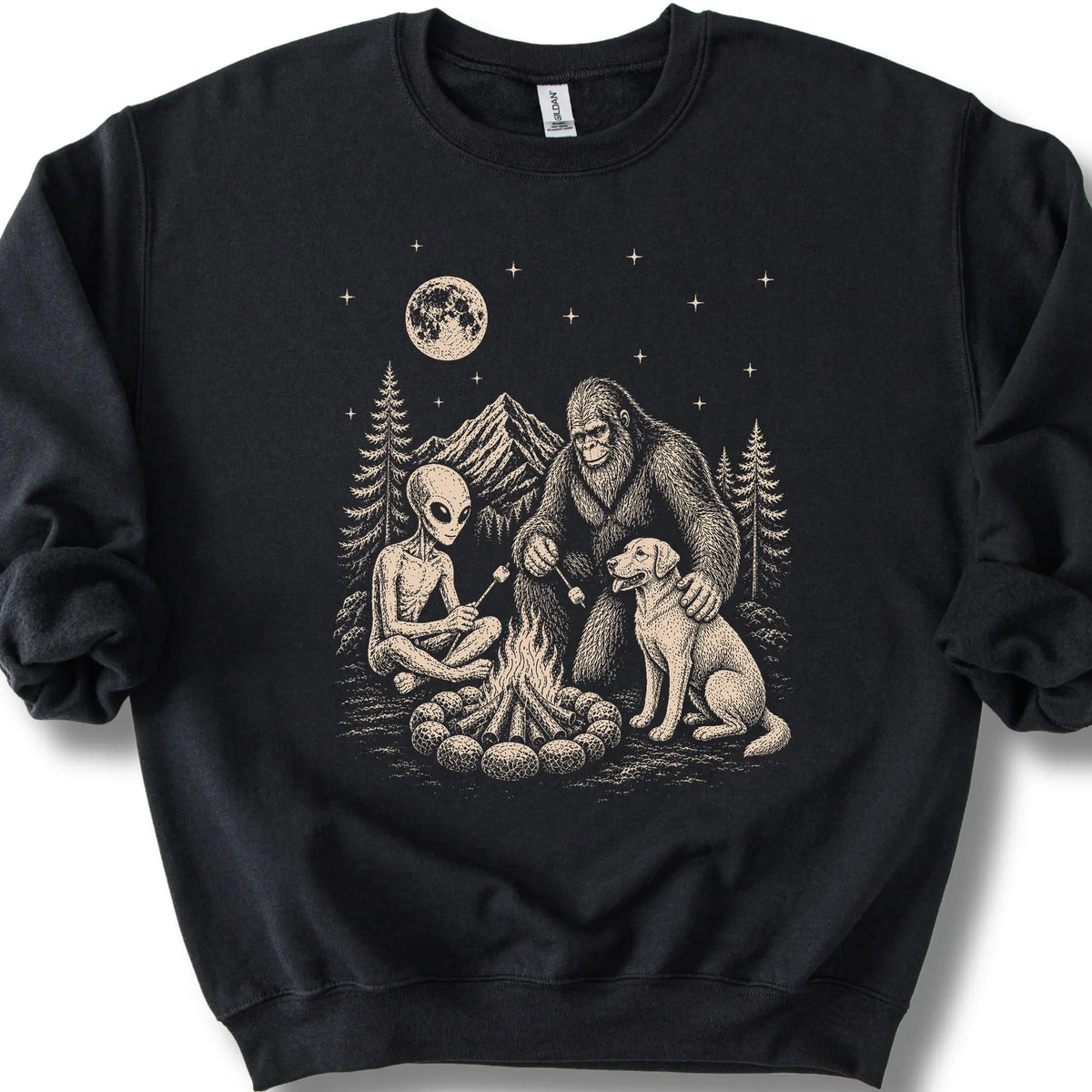 Labrador Retriever, Bigfoot & Alien design on a black sweatshirt.