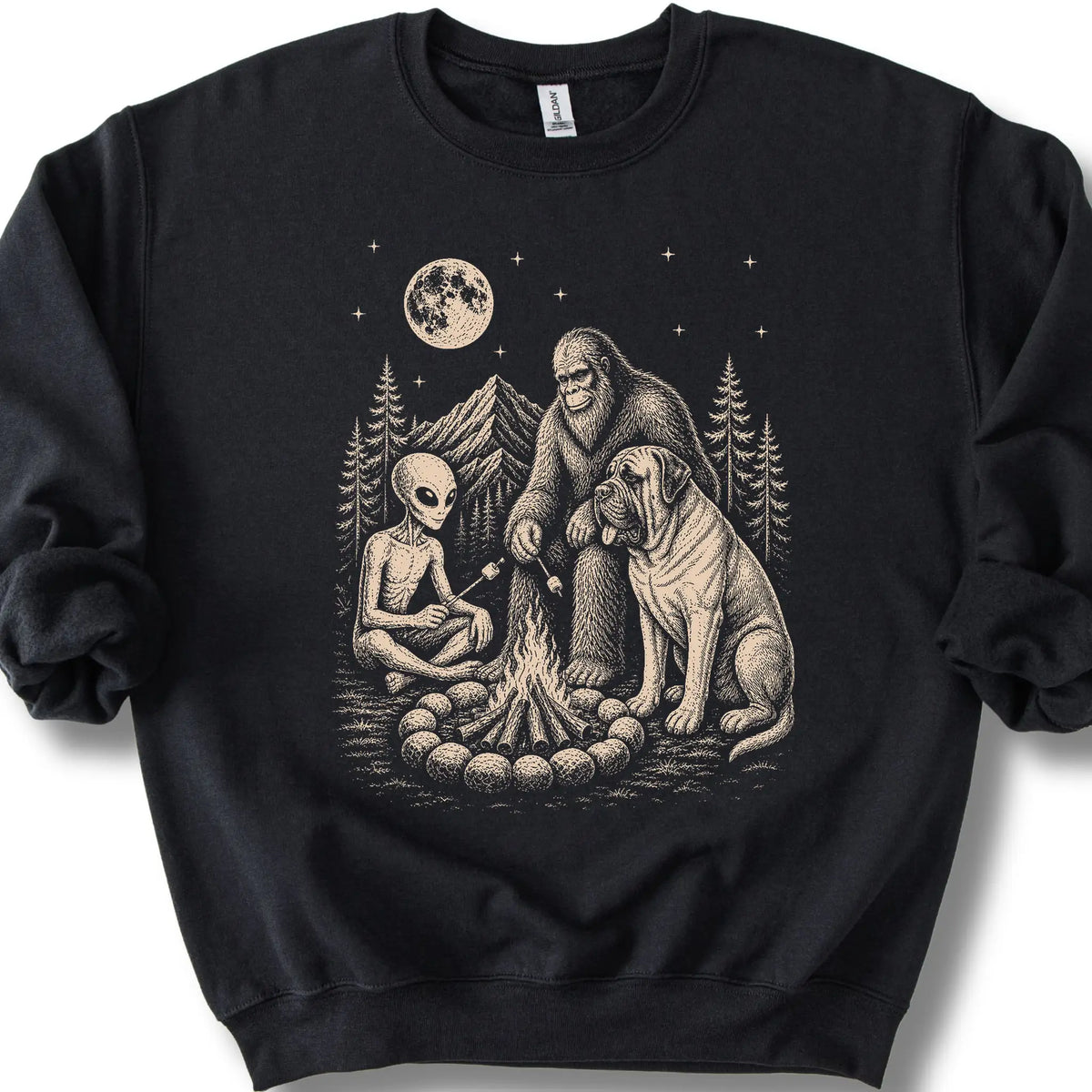 Mastiff, Bigfoot & Alien design on a black sweatshirt.