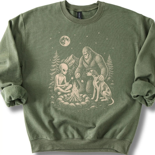 Pointer, Bigfoot & Alien design on a military green sweatshirt.