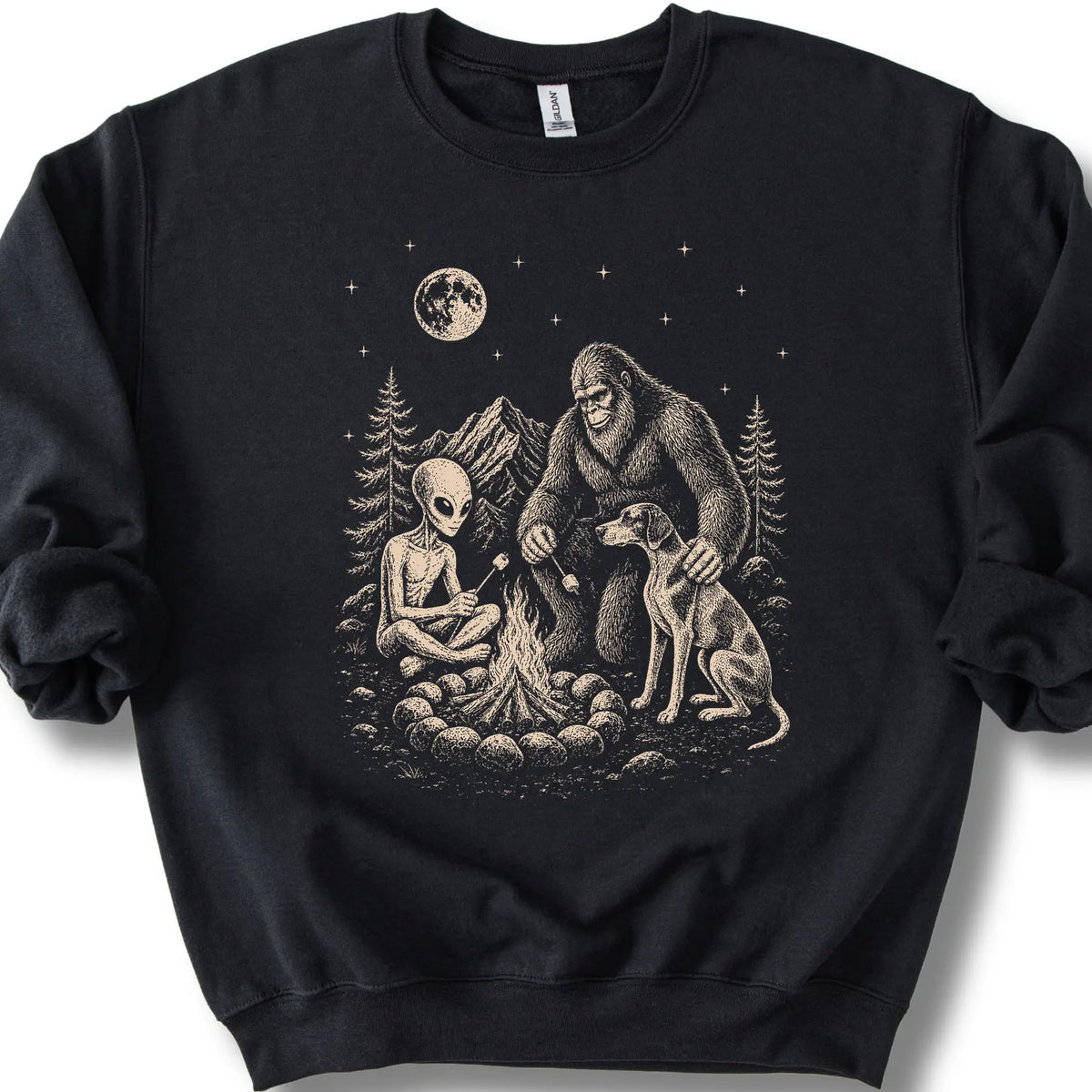 Pointer, Bigfoot & Alien design on a black sweatshirt.