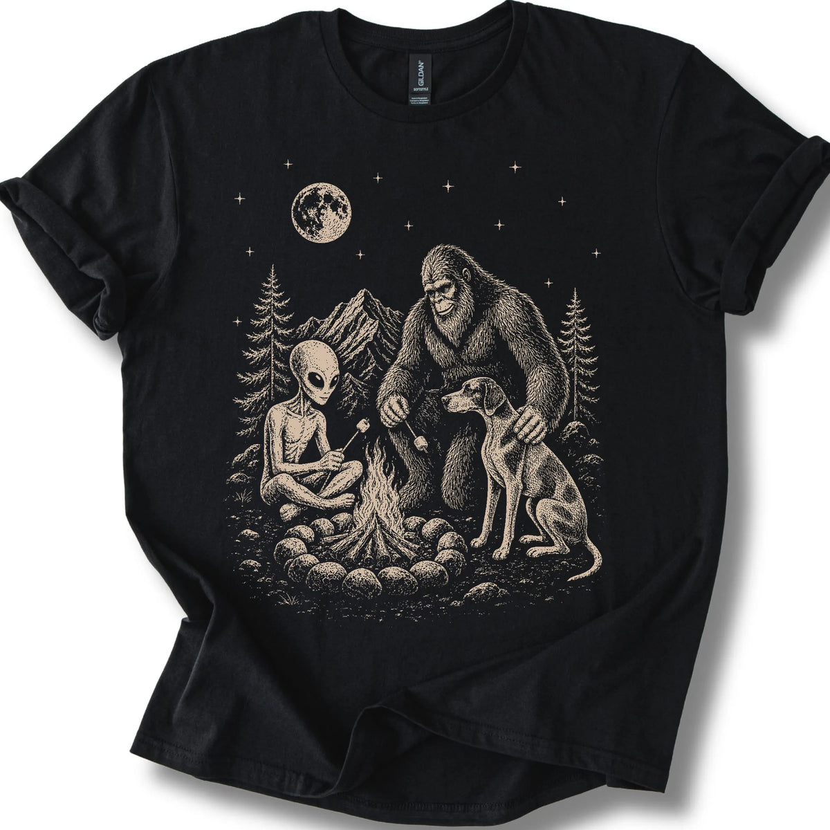 Pointer, Bigfoot & Alien design on a black T-shirt.