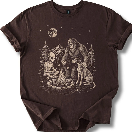 Pointer, Bigfoot & Alien design on a dark chocolate T-shirt.