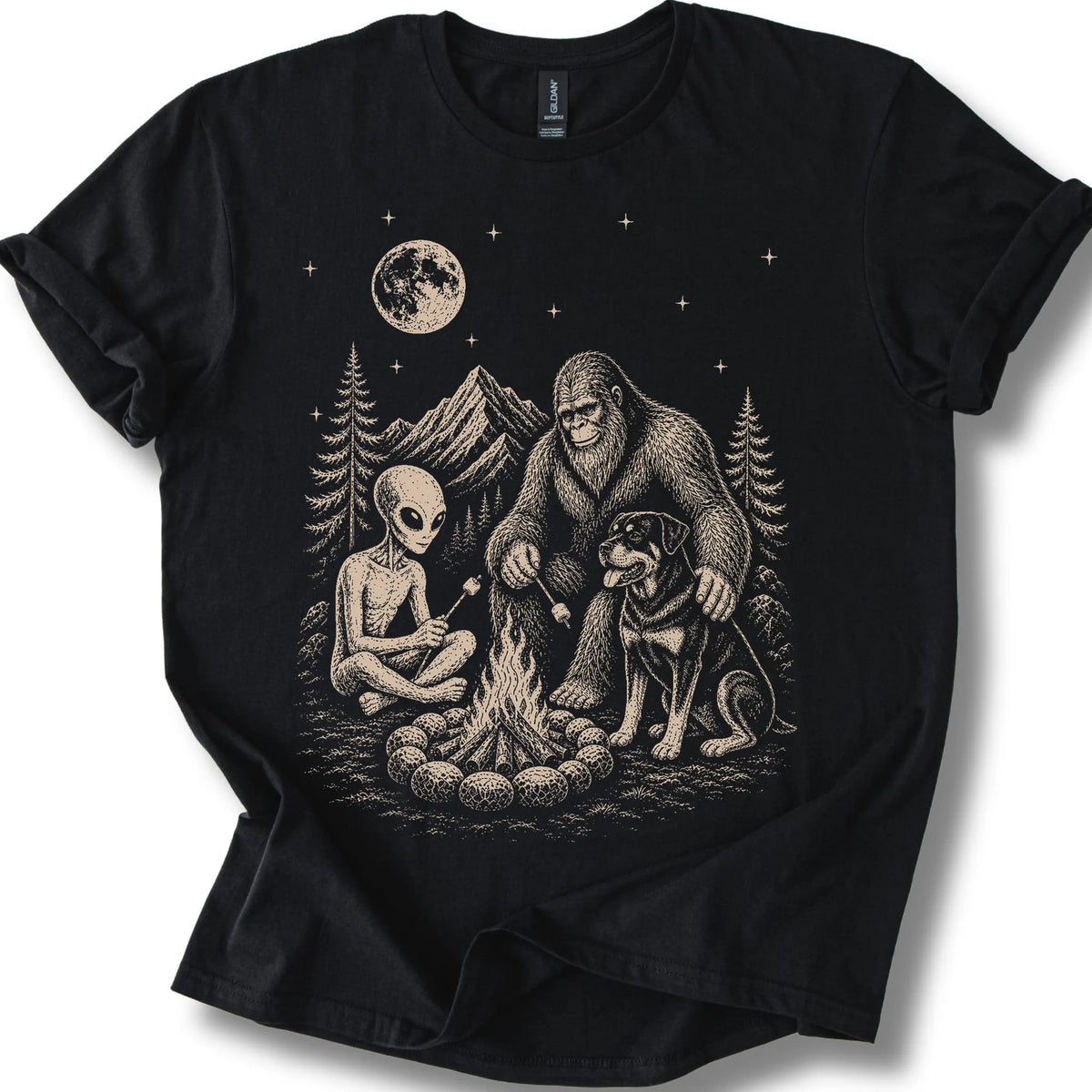 Rottweiler, Bigfoot & Alien design on a black T-shirt.