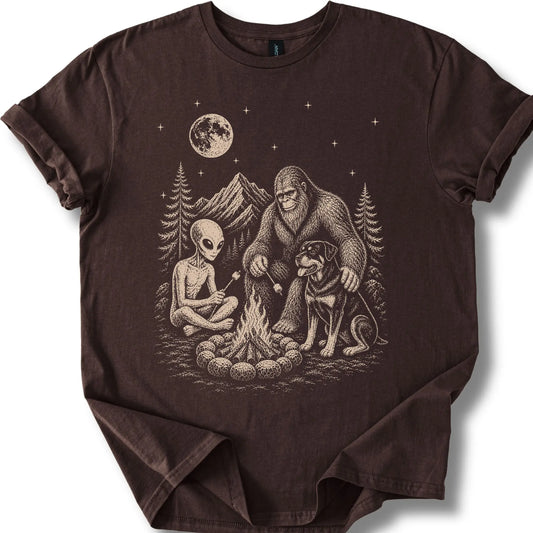 Rottweiler, Bigfoot & Alien design on a dark chocolate T-shirt.