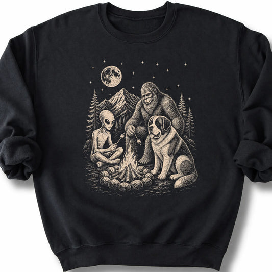 Saint Bernard, Bigfoot & Alien design on a black sweatshirt.