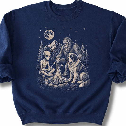 Saint Bernard, Bigfoot & Alien design on a navy sweatshirt.