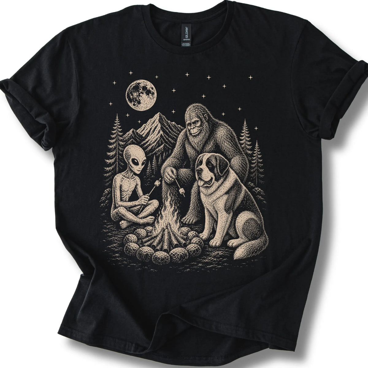 Saint Bernard, Bigfoot & Alien design on a black T-shirt.