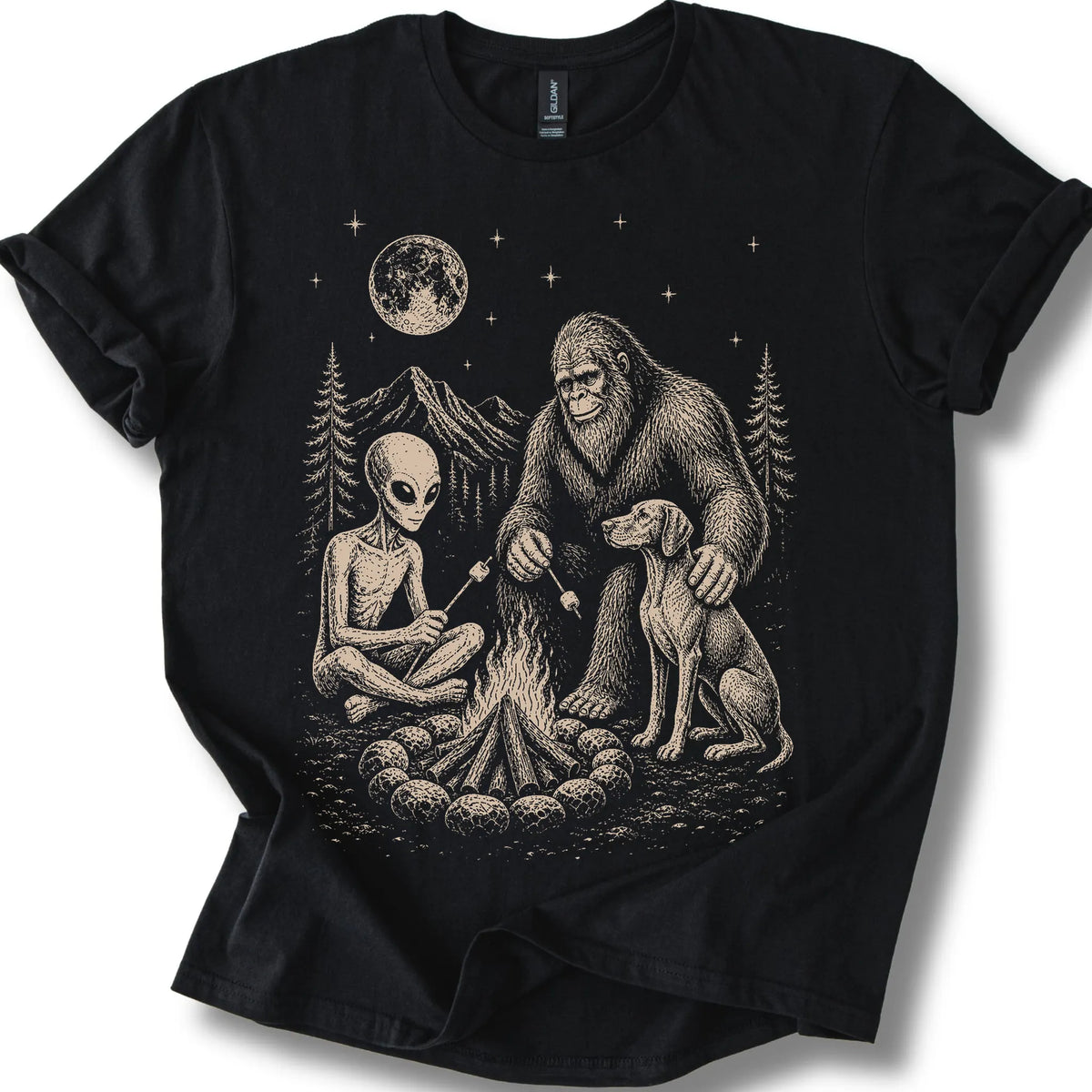Vizsla, Bigfoot & Alien design on a black T-shirt.
