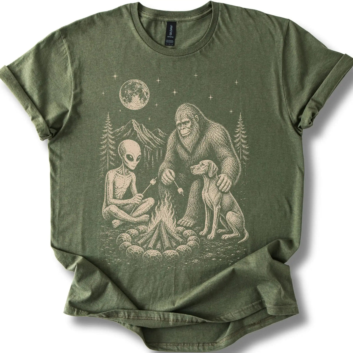 Vizsla, Bigfoot & Alien design on a military green T-shirt.