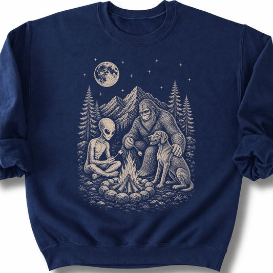 Weimaraner, Bigfoot & Alien design on a navy sweatshirt.