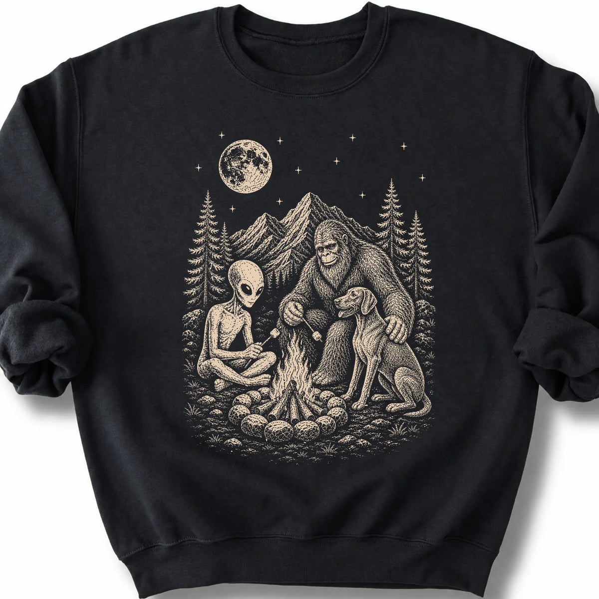 Weimaraner, Bigfoot & Alien design on a black sweatshirt.