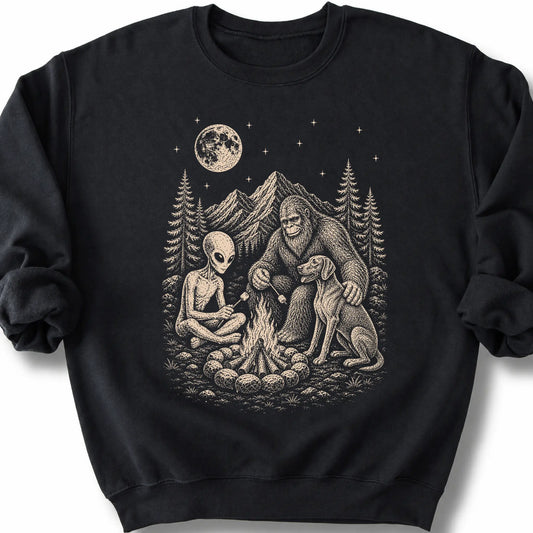 Weimaraner, Bigfoot & Alien design on a black sweatshirt.