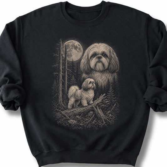 Shih Tzu Moonlit Forest design on a black sweatshirt.
