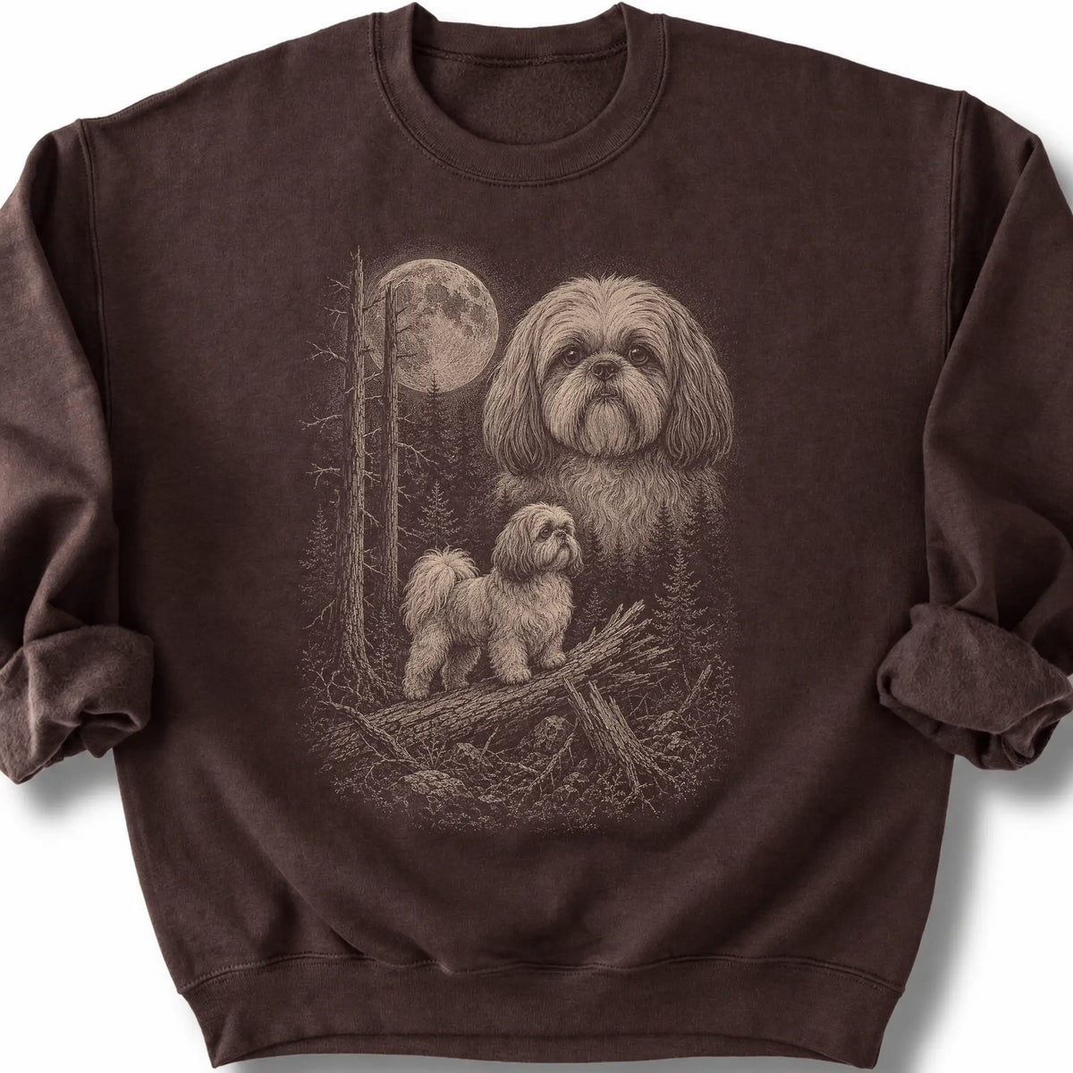 Shih Tzu Moonlit Forest design on a dark chocolate sweatshirt.