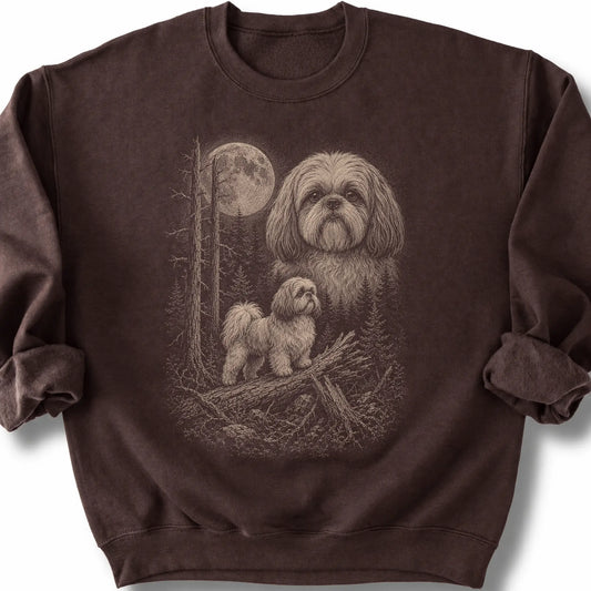 Shih Tzu Moonlit Forest design on a dark chocolate sweatshirt.