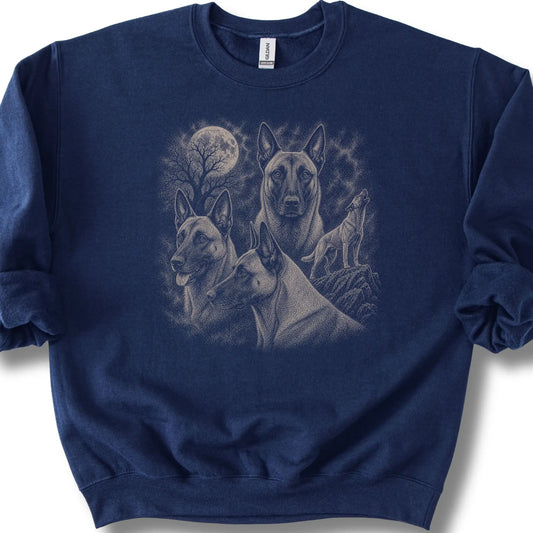 Belgian Malinois 90s Moon design on a navy sweatshirt.