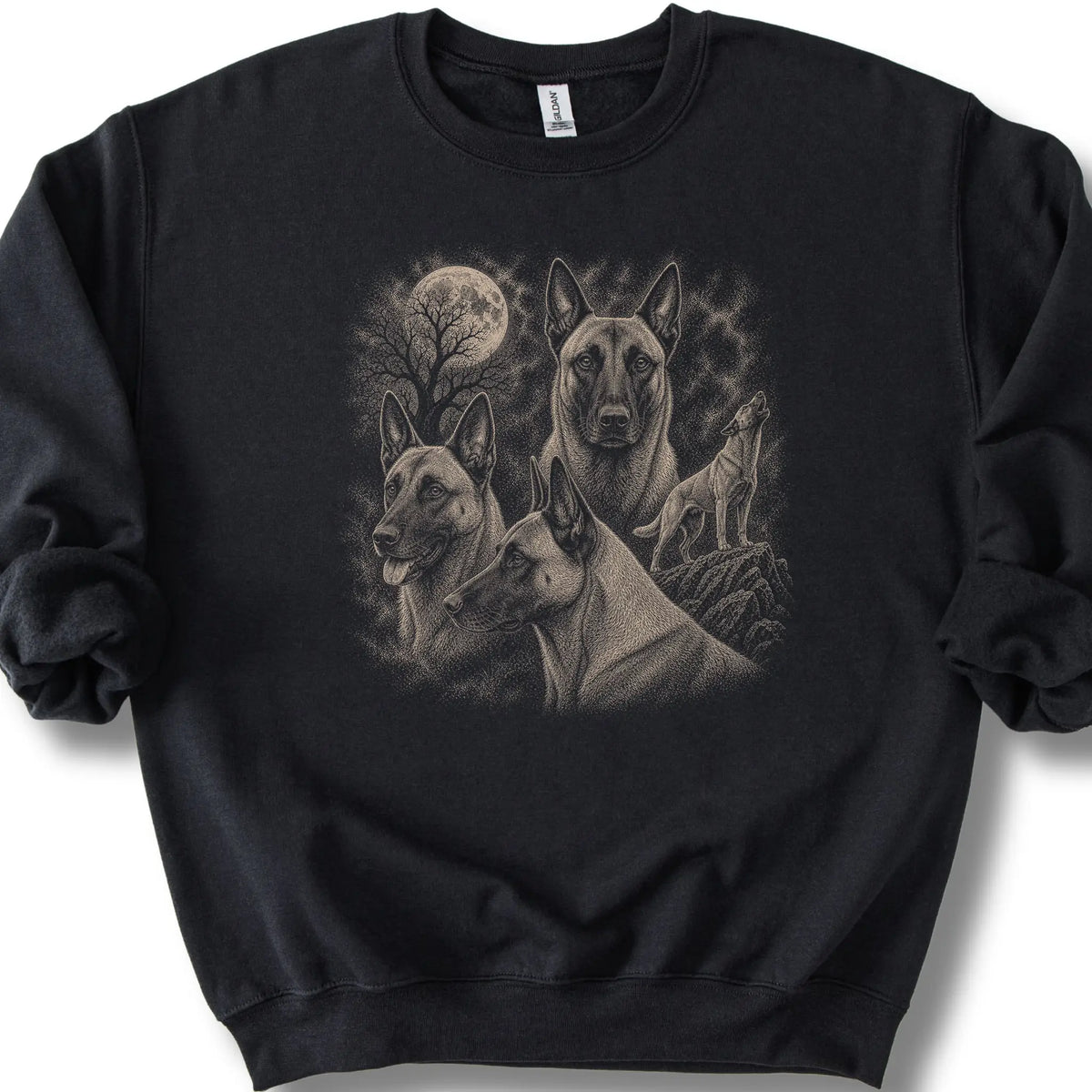 Belgian Malinois 90s Moon design on a black sweatshirt.