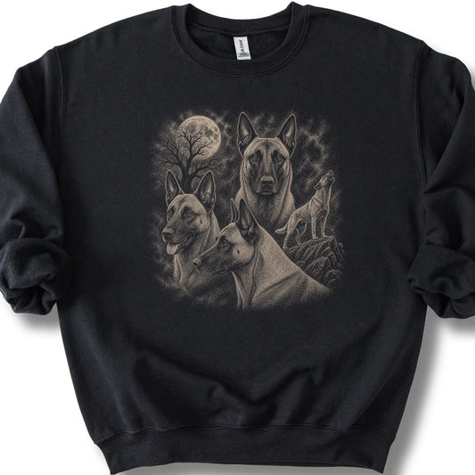 Belgian Malinois 90s Moon design on a black sweatshirt.