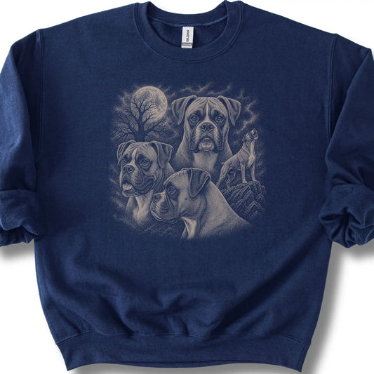 Boxer 90s Moon design on a navy sweatshirt.