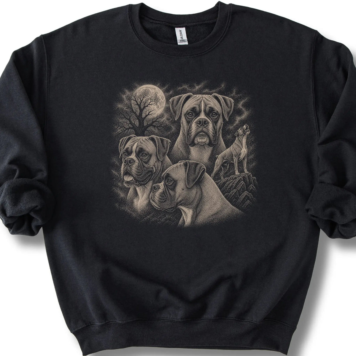 Boxer 90s Moon design on a black sweatshirt.