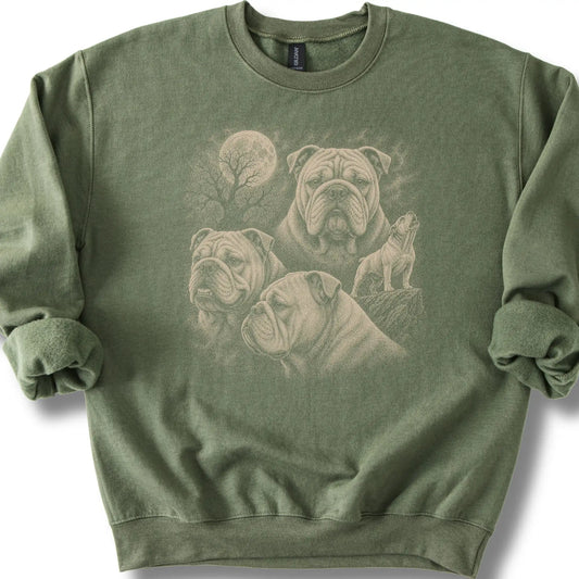 Bulldog 90s Moon design on a military green sweatshirt.