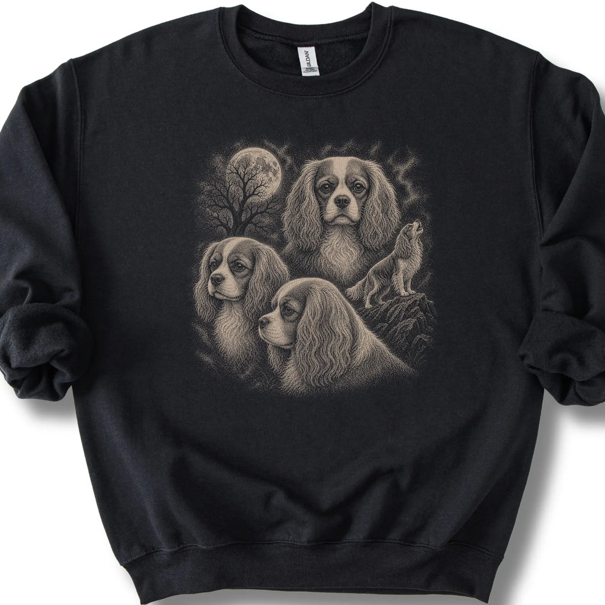 Cavalier 90s Moon design on a black sweatshirt.
