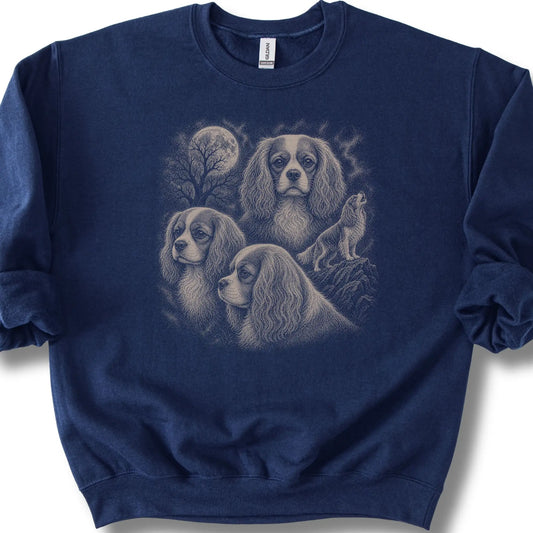 Cavalier 90s Moon design on a navy sweatshirt.