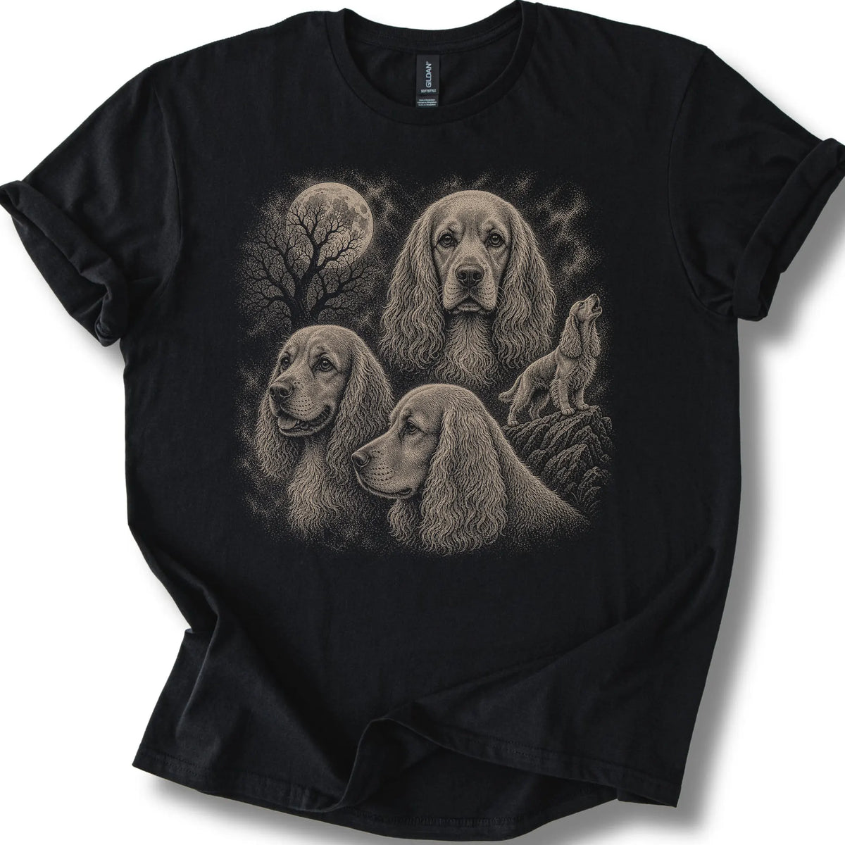 Cocker Spaniel 90s Moon design on a black T-shirt.