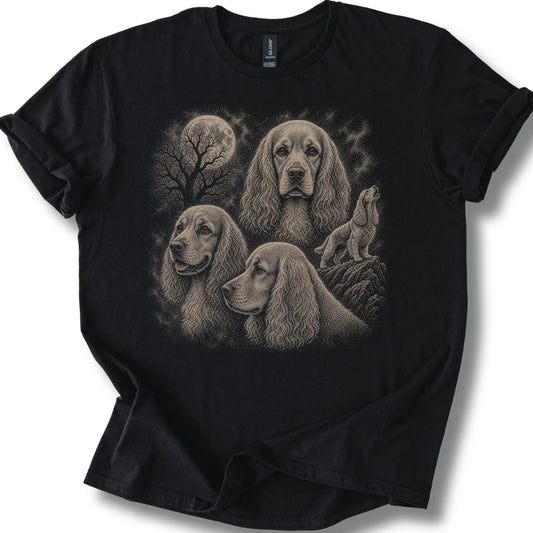 Cocker Spaniel 90s Moon design on a black T-shirt.