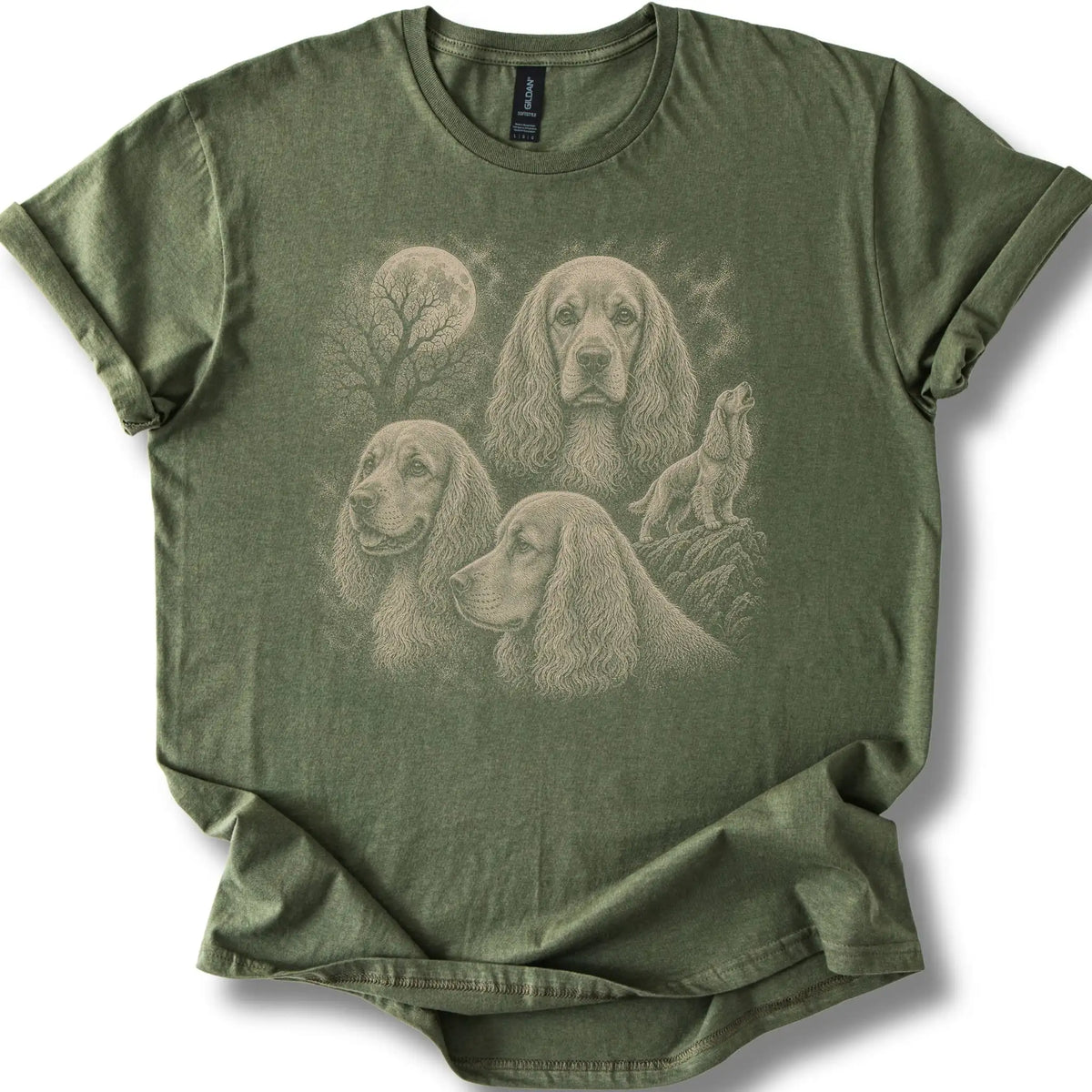 Cocker Spaniel 90s Moon design on a military green T-shirt.