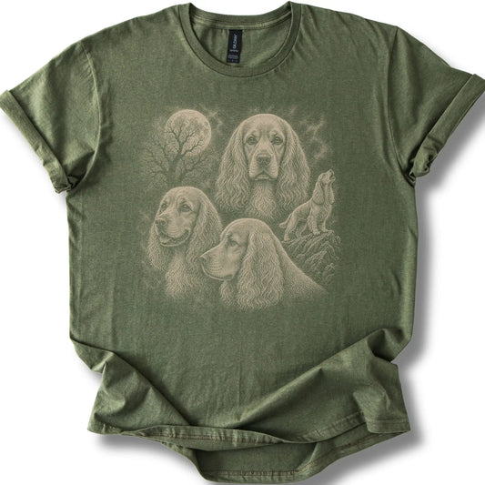 Cocker Spaniel 90s Moon design on a military green T-shirt.