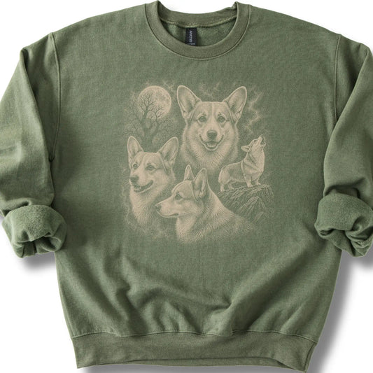 Corgi 90s Moon design on a military green sweatshirt.