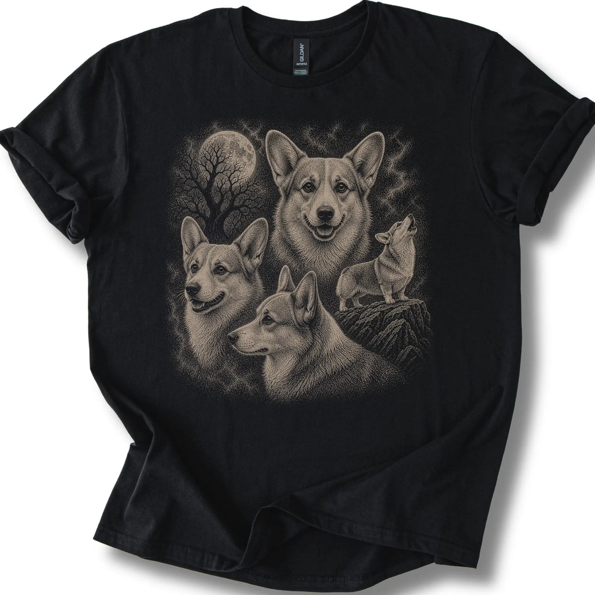 Corgi 90s Moon design on a black T-shirt.