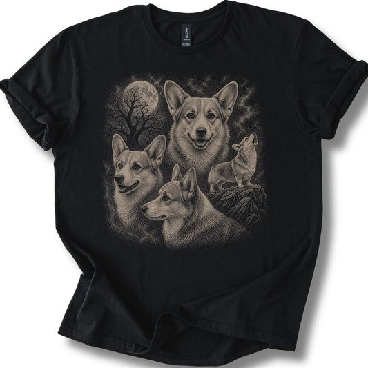 Corgi 90s Moon design on a black T-shirt.