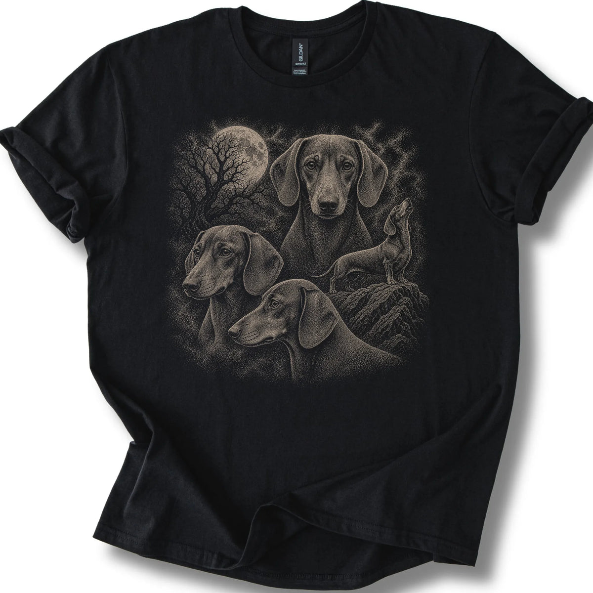 Dachshund 90s Moon design on a black T-shirt.