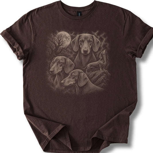 Dachshund 90s Moon design on a dark chocolate T-shirt.