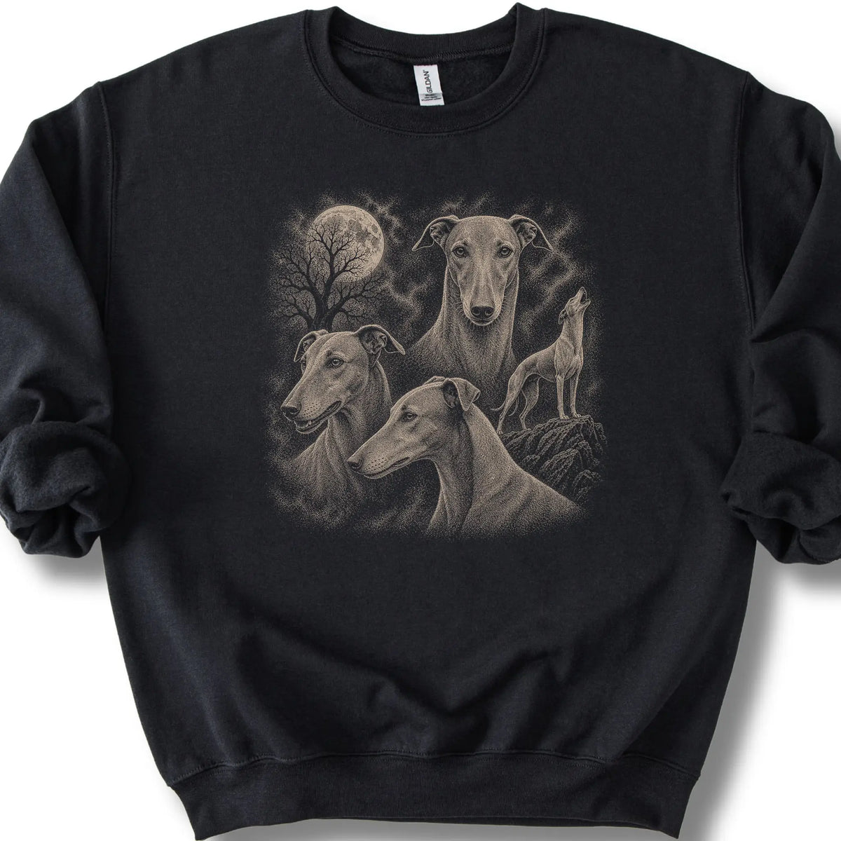 Greyhound 90s Moon design on a black sweatshirt.