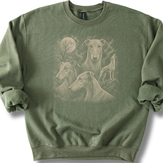 Greyhound 90s Moon design on a military green sweatshirt.