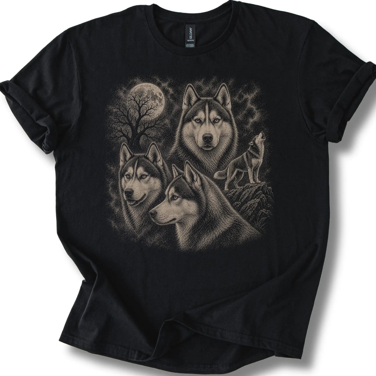 Husky 90s Moon design on a black T-shirt.