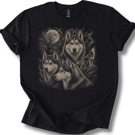 Husky 90s Moon design on a black T-shirt.