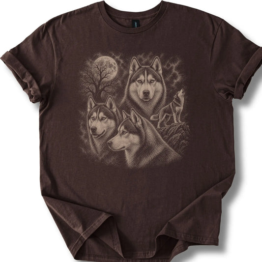 Husky 90s Moon design on a dark chocolate T-shirt.