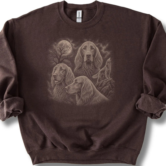 Irish Setter 90s Moon design on a dark chocolate sweatshirt.