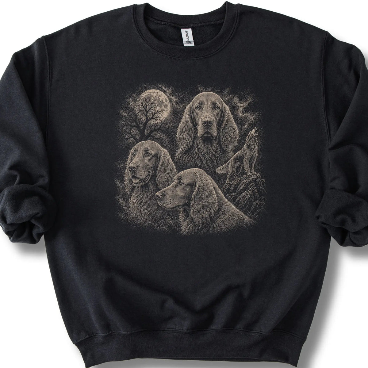 Irish Setter 90s Moon design on a black sweatshirt.