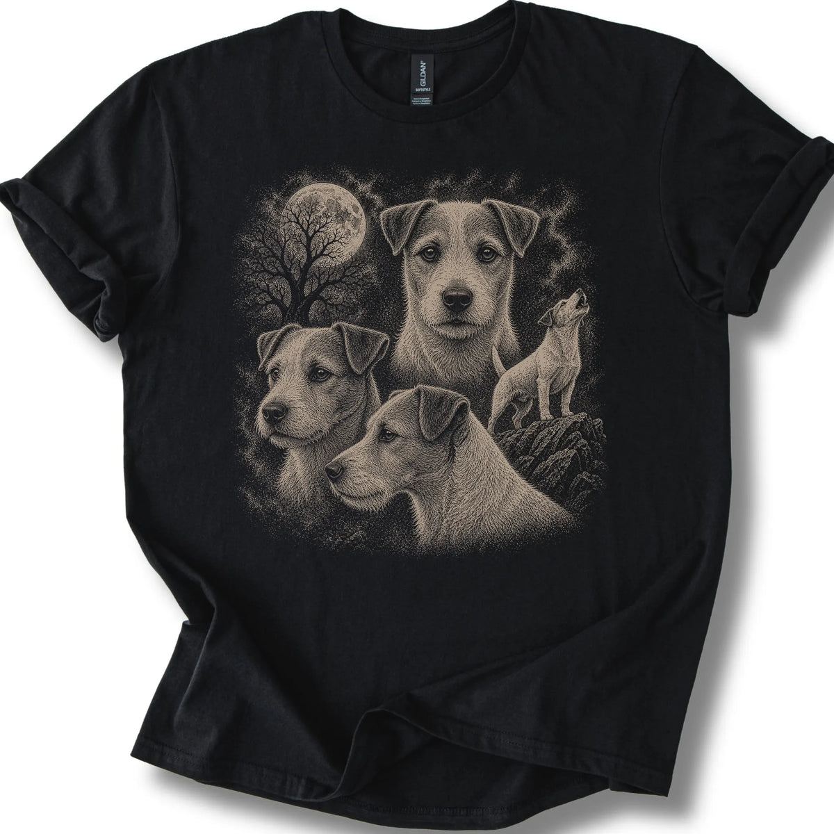 Jack Russell 90s Moon design on a black T-shirt.