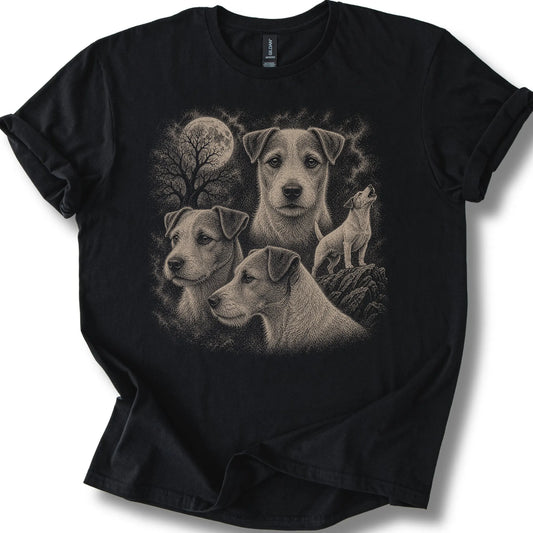 Jack Russell 90s Moon design on a black T-shirt.